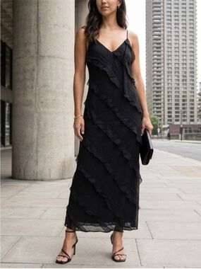 Princess Polly Elegant Evening black v-neck slip ruffle dress
